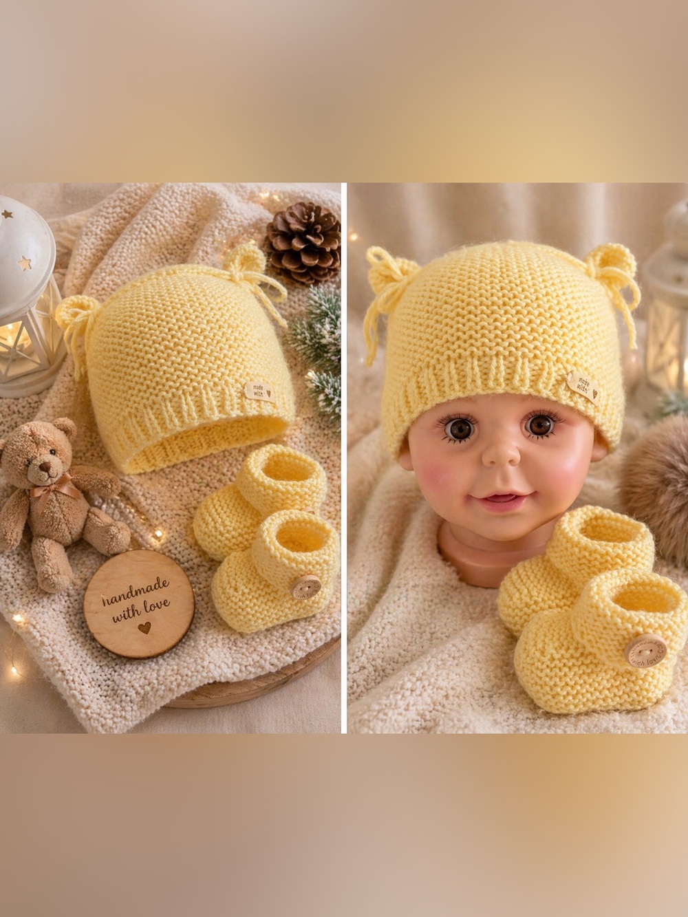 Handmade Yellow Baby Hat & Booties Set
